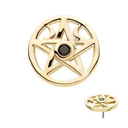 14Kt Yellow Gold Threadless Bezel Set Round CZ Crescent Moon Pentacle Top