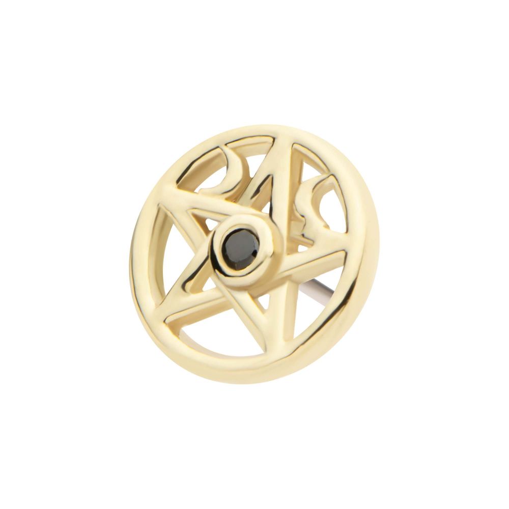 14Kt Yellow Gold Threadless Bezel Set Round CZ Crescent Moon Pentacle Top