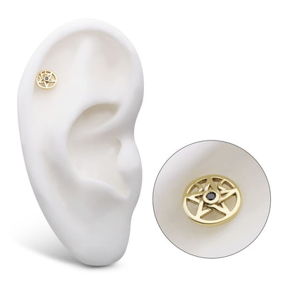 14Kt Yellow Gold Threadless Bezel Set Round CZ Crescent Moon Pentacle Top