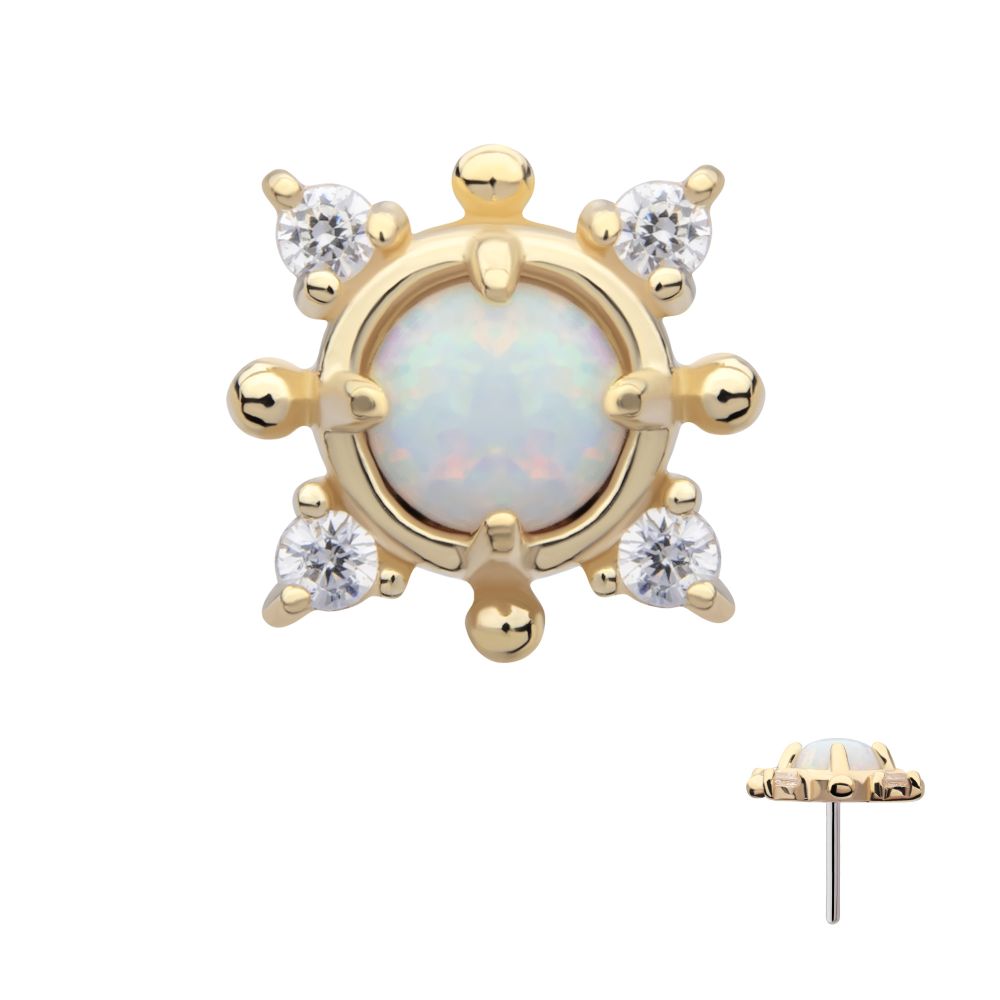 14Kt Yellow Gold Threadless Prong Set Round White Opal and Clear Gem 4-Point Top