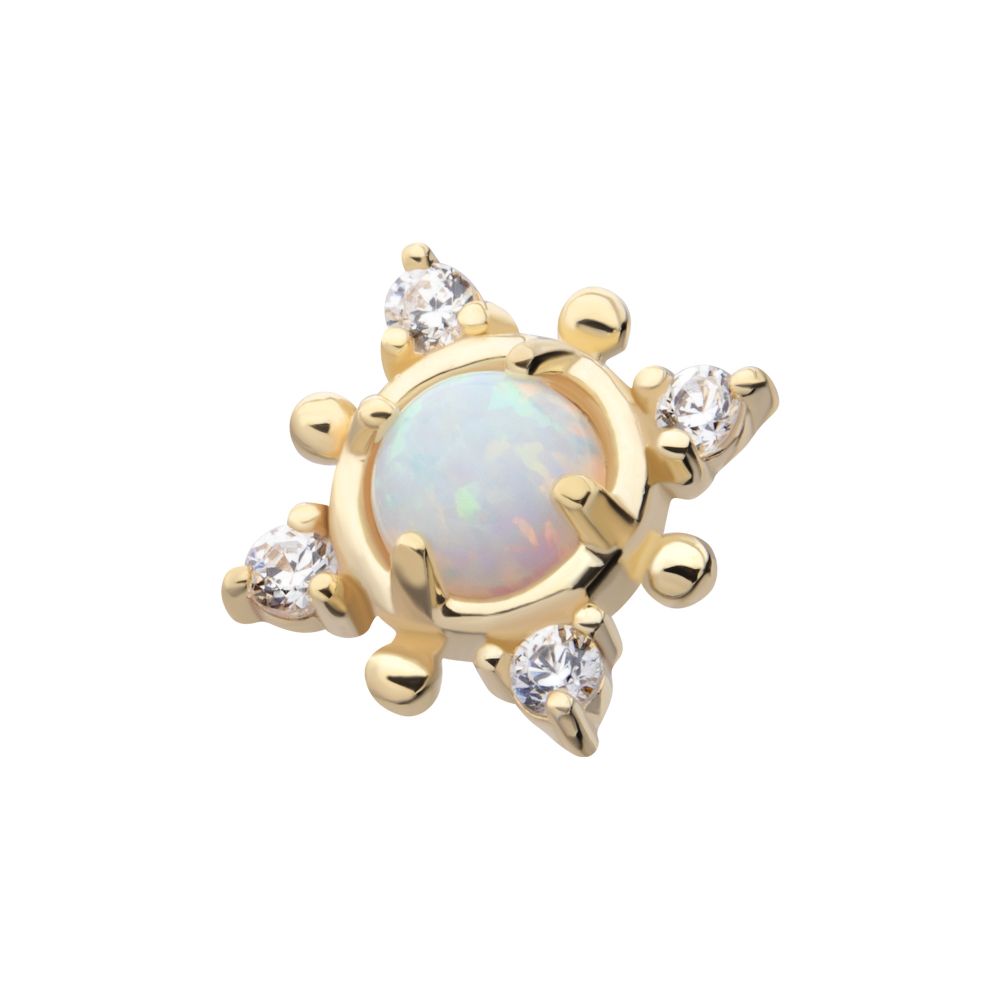 14Kt Yellow Gold Threadless Prong Set Round White Opal and Clear Gem 4-Point Top