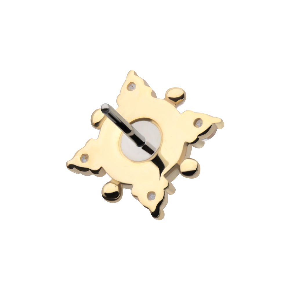 14Kt Yellow Gold Threadless Prong Set Round White Opal and Clear Gem 4-Point Top