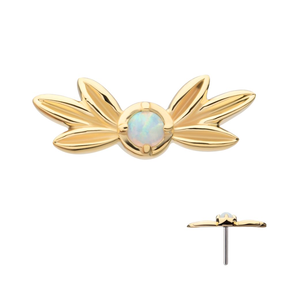 14Kt Yellow Gold Threadless Triple Leaf Edge with Prong Set Round White Opal Top