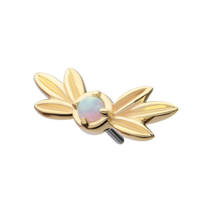 14Kt Yellow Gold Threadless Triple Leaf Edge with Prong Set Round White Opal Top