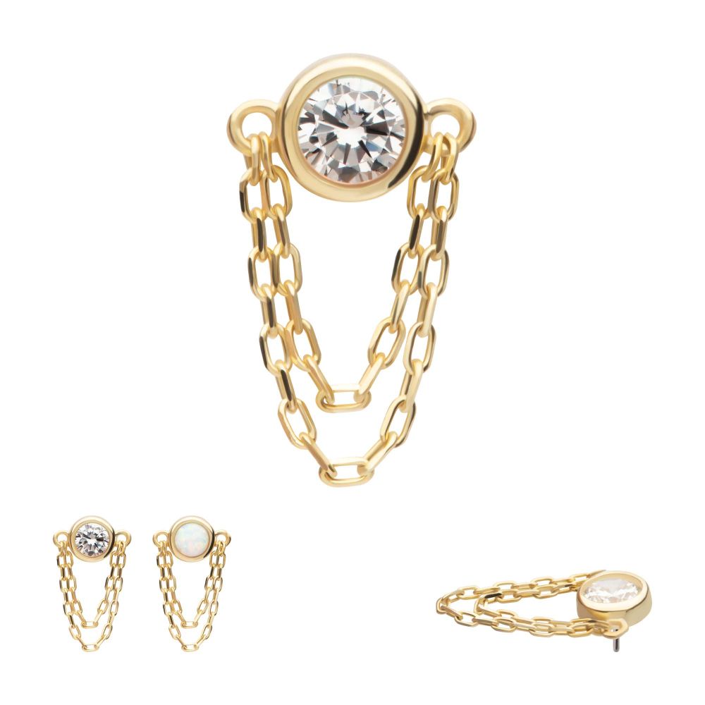14Kt Yellow Gold Threadless Bezel Set Round CZ/Opal Top with 2 Dangle Chains