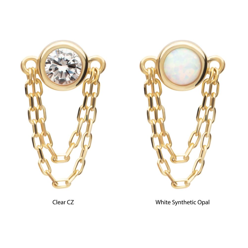 14Kt Yellow Gold Threadless Bezel Set Round CZ/Opal Top with 2 Dangle Chains