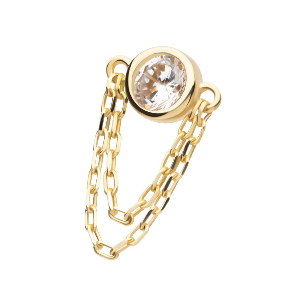 14Kt Yellow Gold Threadless Bezel Set Round CZ/Opal Top with 2 Dangle Chains