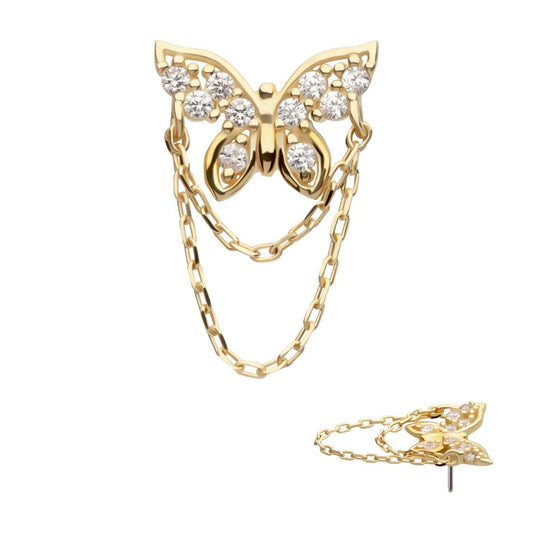 14Kt Gold Threadless Pave Gem Butterfly Top with 2-Tier Chain Dangle