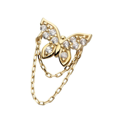14Kt Gold Threadless Pave Gem Butterfly Top with 2-Tier Chain Dangle