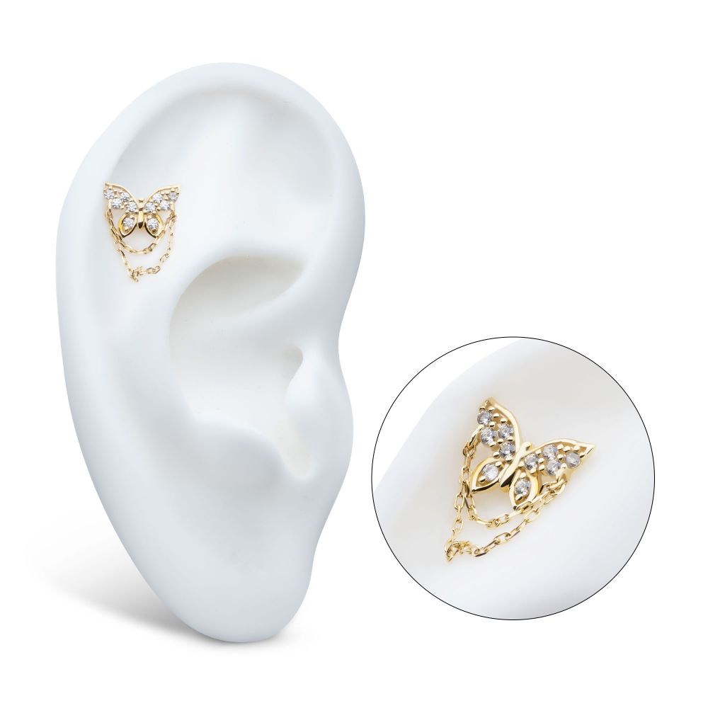14Kt Gold Threadless Pave Gem Butterfly Top with 2-Tier Chain Dangle
