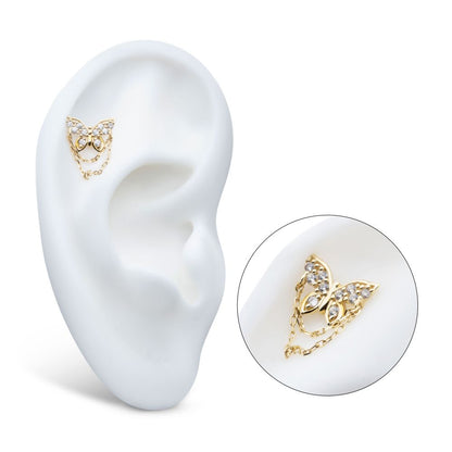 14Kt Gold Threadless Pave Gem Butterfly Top with 2-Tier Chain Dangle