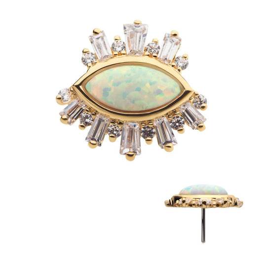 14Kt Yellow Gold Threadless with Marquise White Synthetic Opal, Round & Tapered Baguette Clear CZ Evil Eye Cluster Top