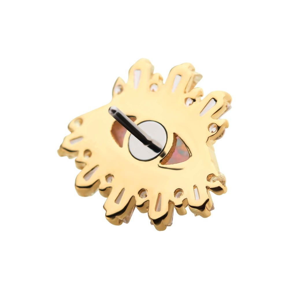 14Kt Yellow Gold Threadless with Marquise White Synthetic Opal, Round & Tapered Baguette Clear CZ Evil Eye Cluster Top