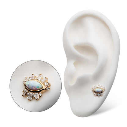 14Kt Yellow Gold Threadless with Marquise White Synthetic Opal, Round & Tapered Baguette Clear CZ Evil Eye Cluster Top