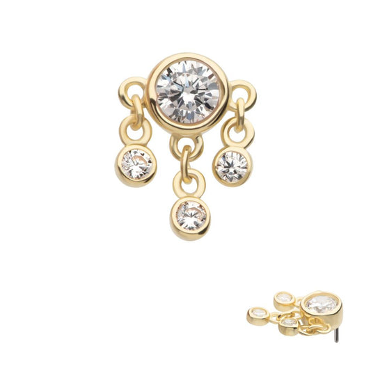 14Kt Yellow Gold Threadless Triple Dangle Bezel Set Round CZ Top