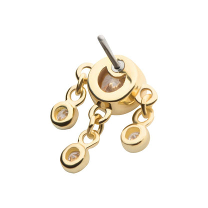 14Kt Yellow Gold Threadless Triple Dangle Bezel Set Round CZ Top