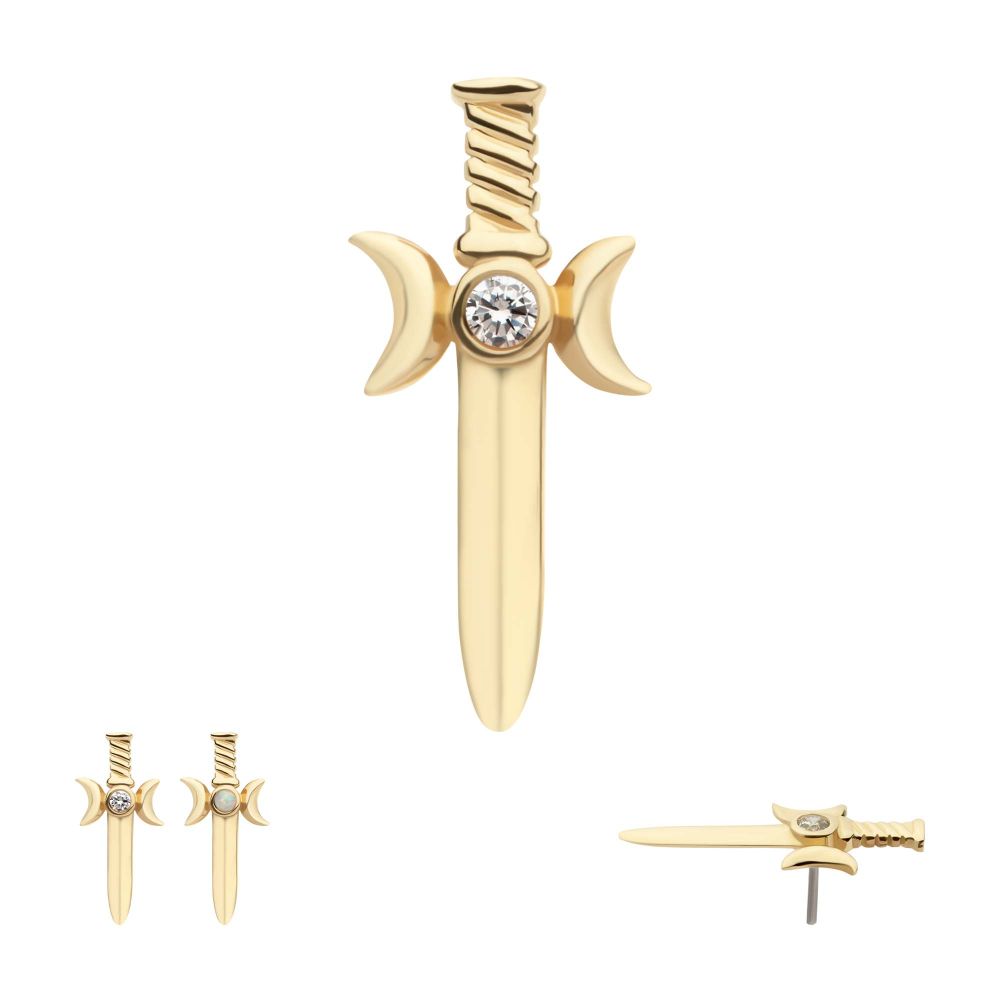 14Kt Yellow Gold Threadless Triple Moon Phase with Bezel Set Round CZ/Opal Dagger Top