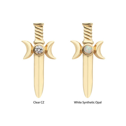 14Kt Yellow Gold Threadless Triple Moon Phase with Bezel Set Round CZ/Opal Dagger Top