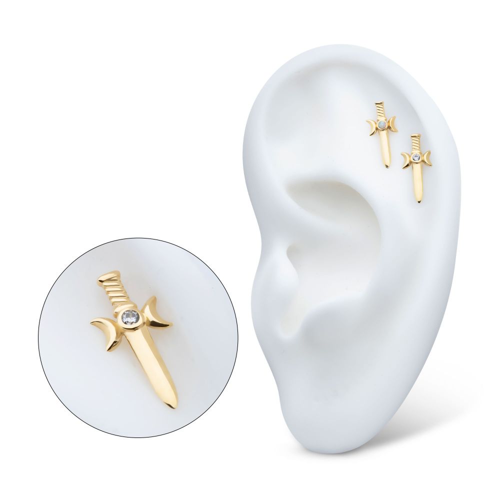 14Kt Yellow Gold Threadless Triple Moon Phase with Bezel Set Round CZ/Opal Dagger Top