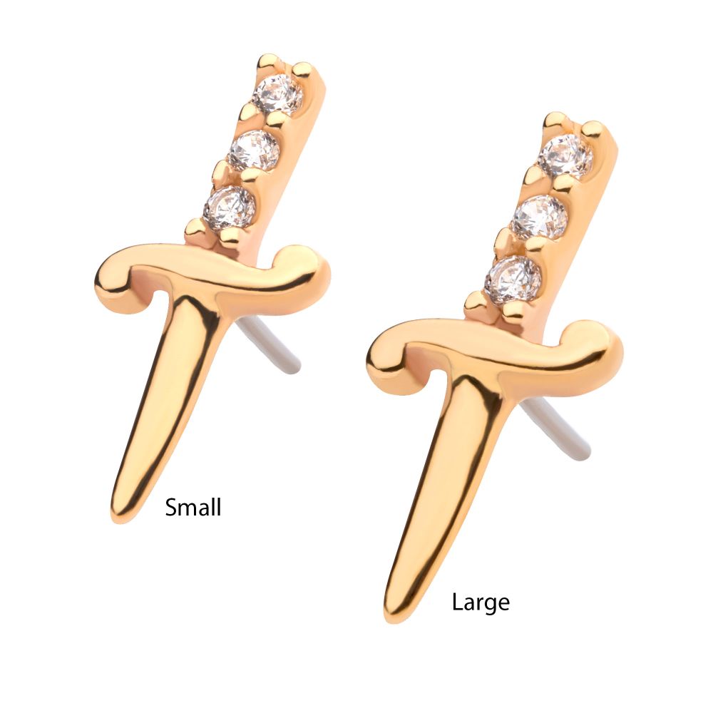 14Kt Yellow Gold Threadless with Dagger with 3-CZ Gem Handle Top