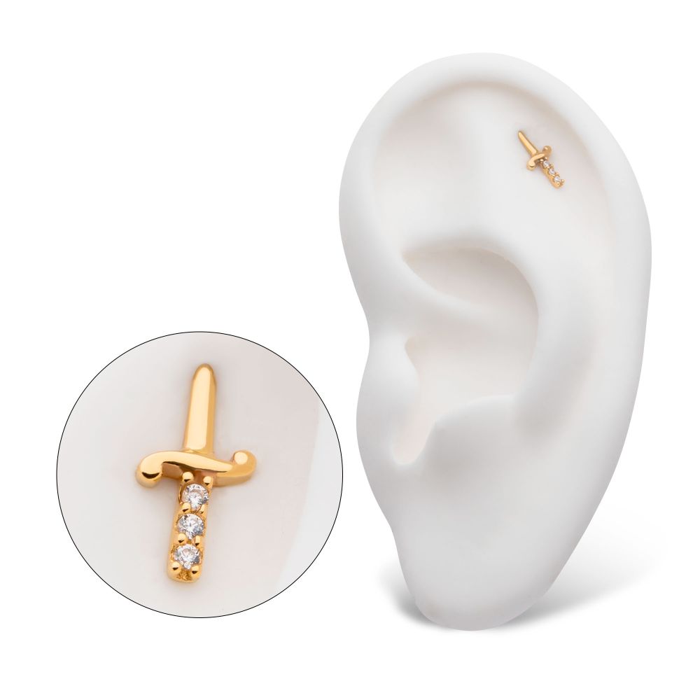 14Kt Yellow Gold Threadless with Dagger with 3-CZ Gem Handle Top