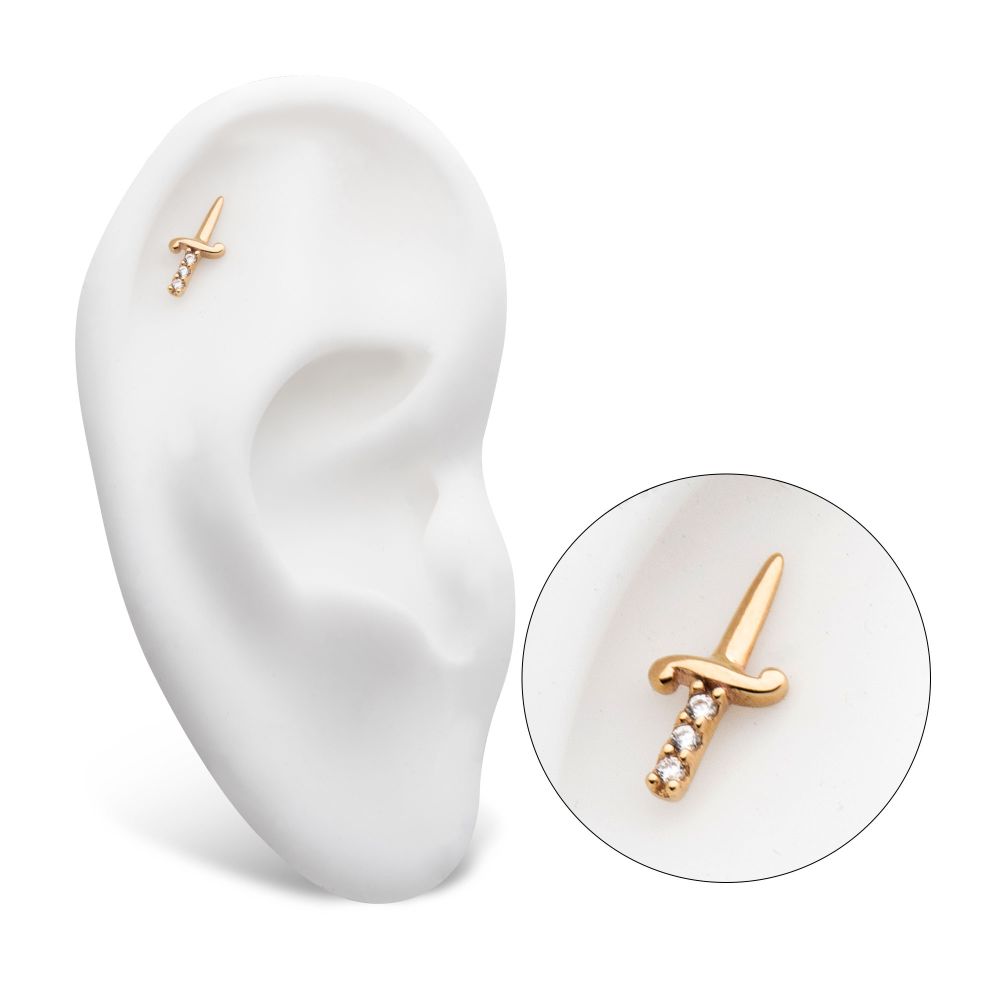 14Kt Yellow Gold Threadless with Dagger with 3-CZ Gem Handle Top