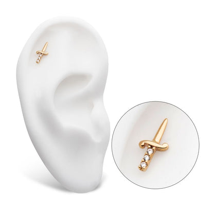 14Kt Yellow Gold Threadless with Dagger with 3-CZ Gem Handle Top