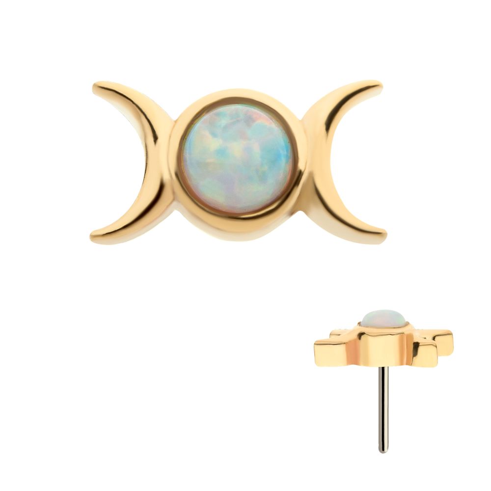 14Kt Yellow Gold Threadless with Bezel Set White Opal Triple Goddess Moon Top