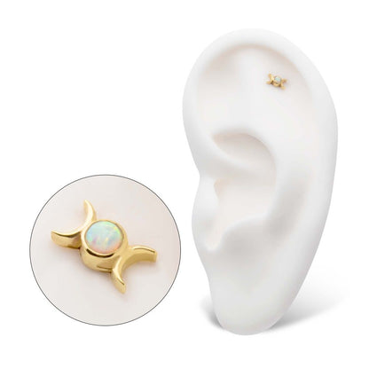 14Kt Yellow Gold Threadless with Bezel Set White Opal Triple Goddess Moon Top