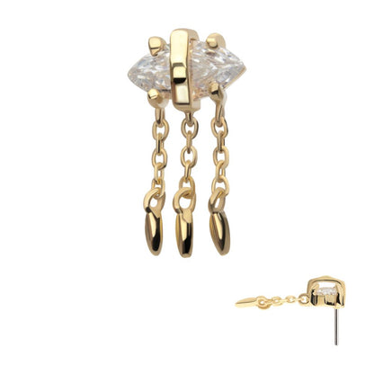 14Kt Yellow Gold Threadless Prong Set Marquise Gem Evil Eye Top with Triple Dangle Chain