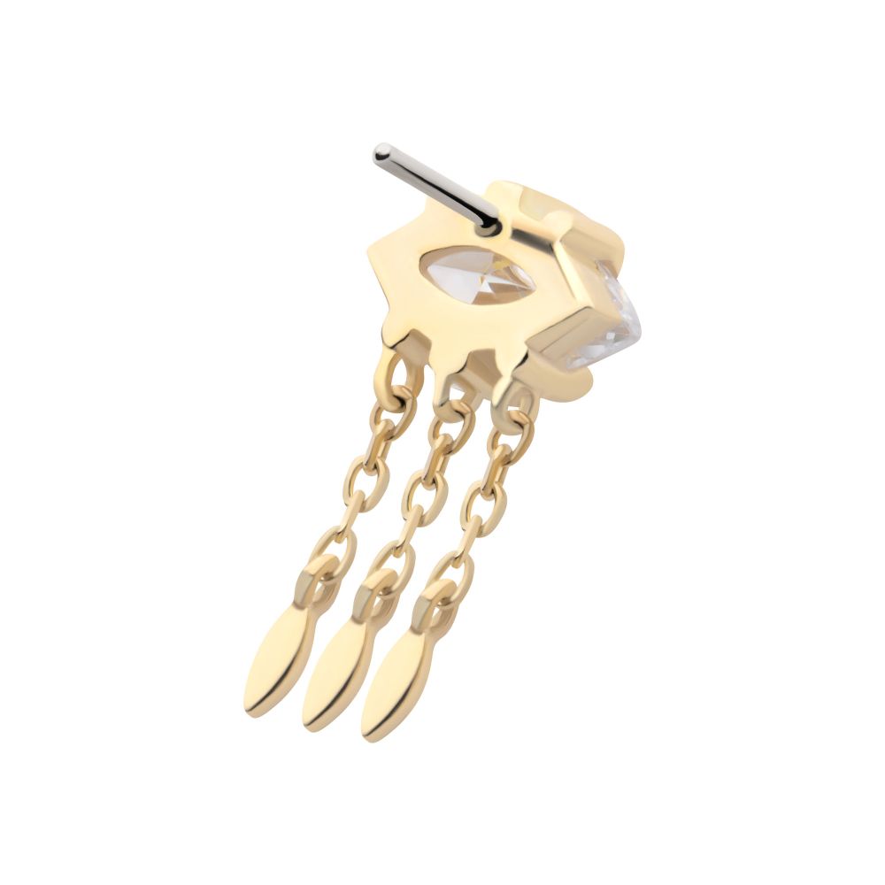 14Kt Yellow Gold Threadless Prong Set Marquise Gem Evil Eye Top with Triple Dangle Chain