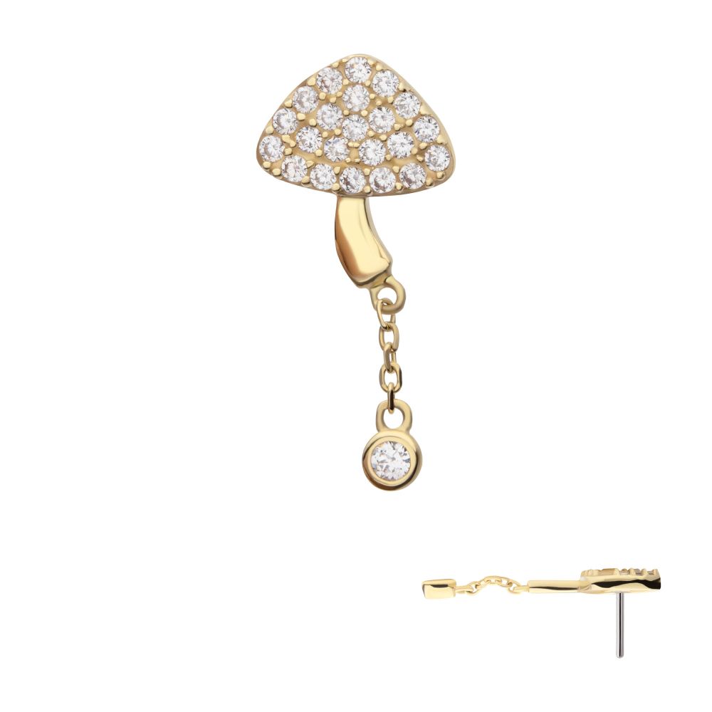 14Kt Yellow Gold Threadless Pave Set Round Gem Mushroom Top with Dangle Gem