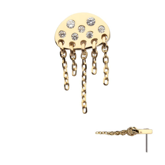 14Kt Yellow Gold Threadless Bezel Set Round Gem Jellyfish Top with 5 Dangle Chain