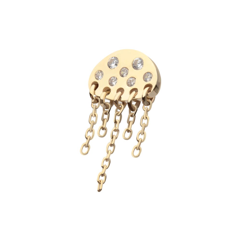 14Kt Yellow Gold Threadless Bezel Set Round Gem Jellyfish Top with 5 Dangle Chain