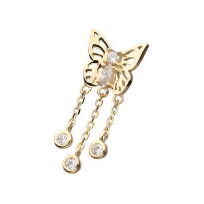 14Kt Yellow Gold Threadless Prong Set Gem Butterfly Top with Triple Dangle Bezel Gem