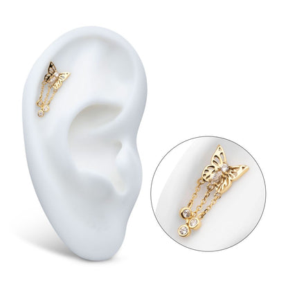 14Kt Yellow Gold Threadless Prong Set Gem Butterfly Top with Triple Dangle Bezel Gem