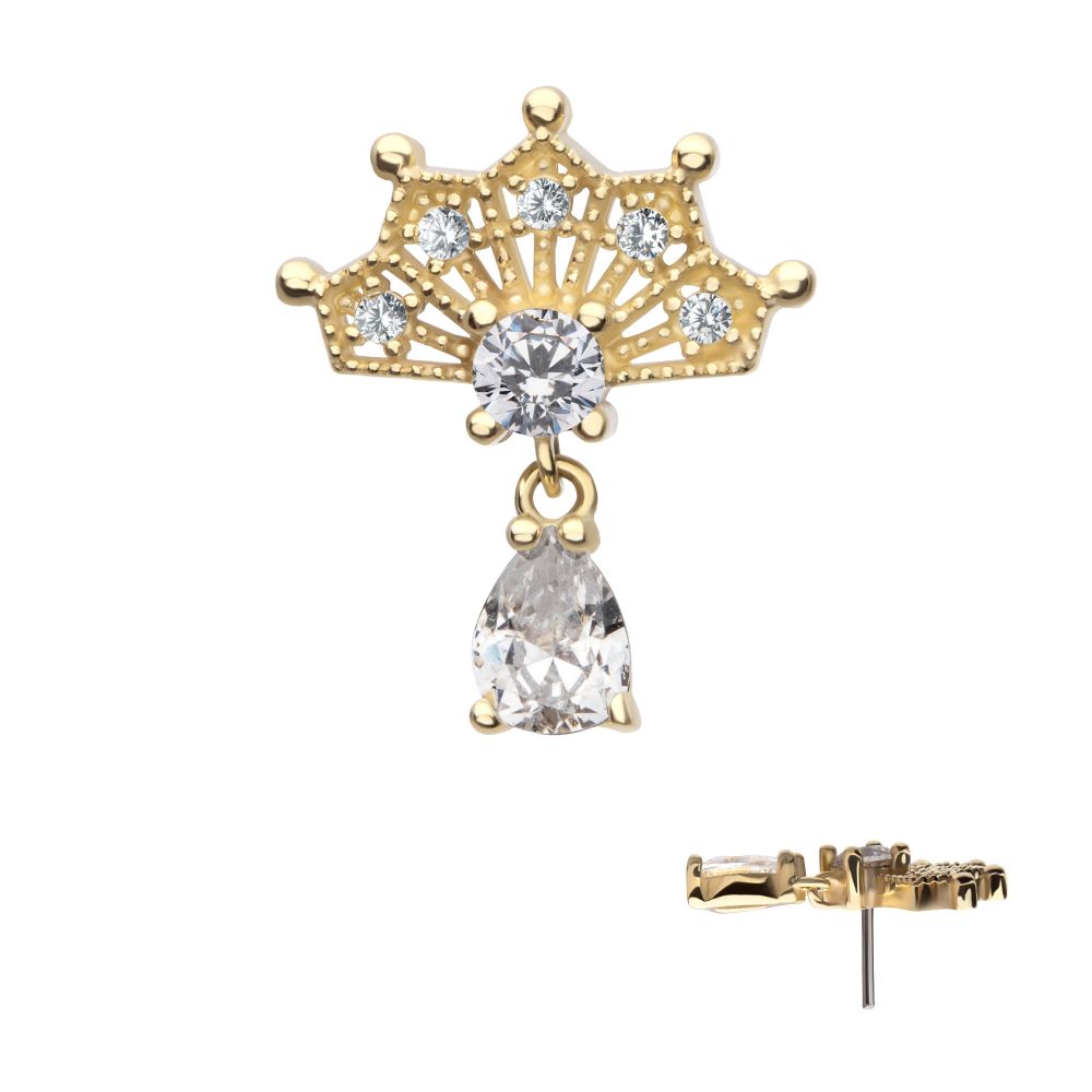 14Kt Gold Threadless Prong Set Gem Fan Top with Teardrop Gem Dangle