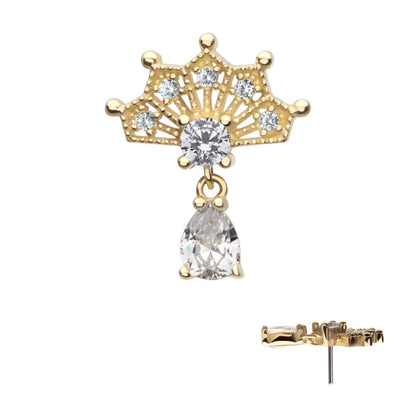 14Kt Gold Threadless Prong Set Gem Fan Top with Teardrop Gem Dangle