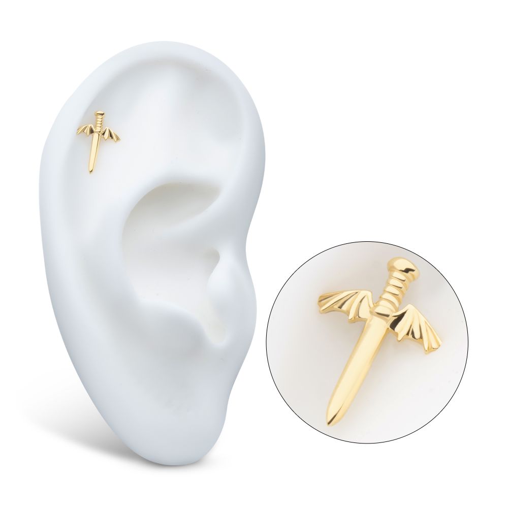 14Kt Yellow Gold Threadless Bat Wing Dagger Top