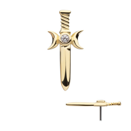 14Kt Yellow Gold Threadless Bezel Set Round CZ Triple Moon Phase Dagger Top