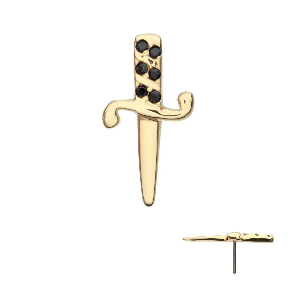 14Kt Yellow Gold Threadless Bezel Set Black Round Gem Dagger Top