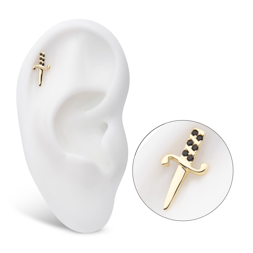 14Kt Yellow Gold Threadless Bezel Set Black Round Gem Dagger Top