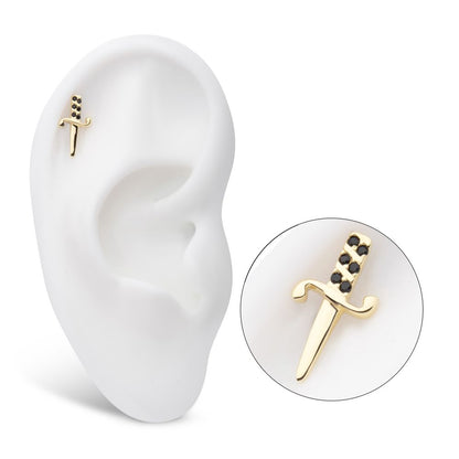 14Kt Yellow Gold Threadless Bezel Set Black Round Gem Dagger Top