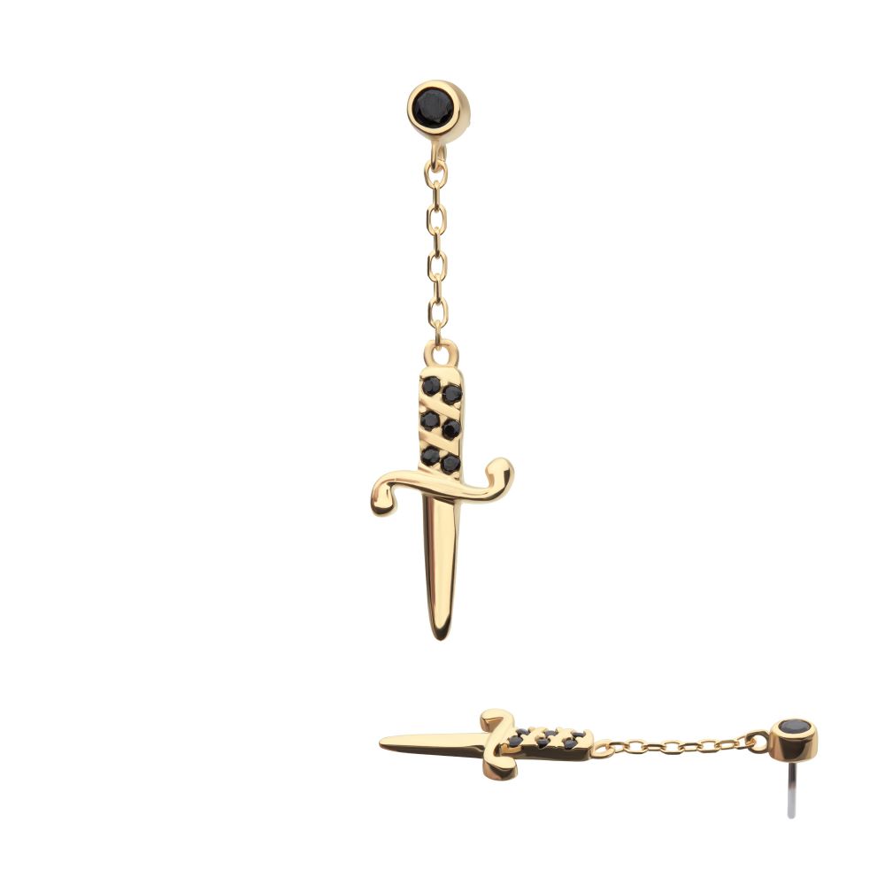 14Kt Yellow Gold Threadless Bezel Set Black Round Gem Dangle Dagger Top