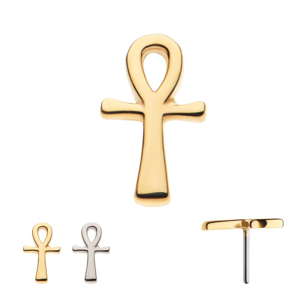 14Kt Gold Threadless with Ankh Egyptian Cross Top