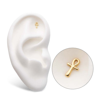 14Kt Gold Threadless with Ankh Egyptian Cross Top