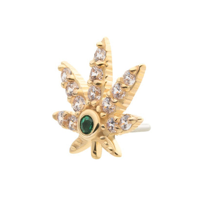 14Kt Yellow Gold Threadless with Clear & Emerald CZ Pot Leaf Top