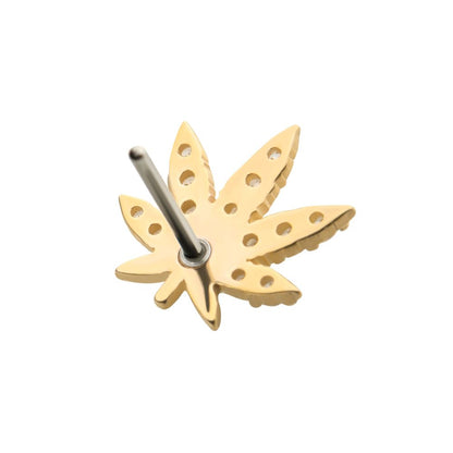 14Kt Yellow Gold Threadless with Clear & Emerald CZ Pot Leaf Top