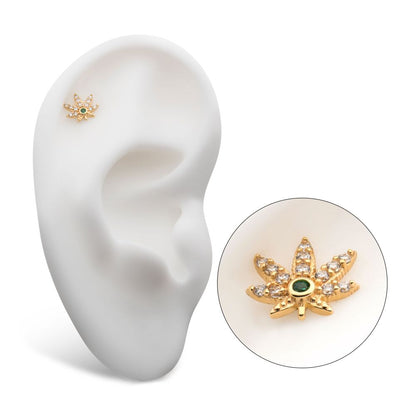 14Kt Yellow Gold Threadless with Clear & Emerald CZ Pot Leaf Top
