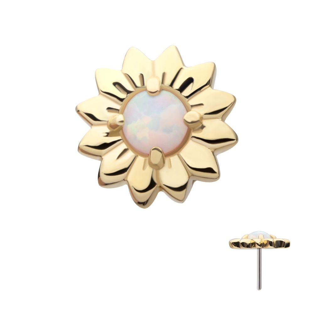 14Kt Yellow Gold Threadless Prong Set Round White Opal Sunflower Top